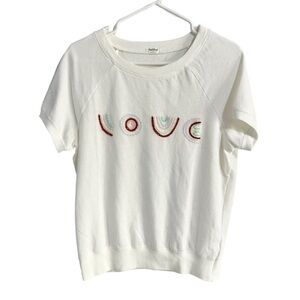 Hello Nite Rainbow Embroidered LOVE Vintage White Short Sleeve Top Size M